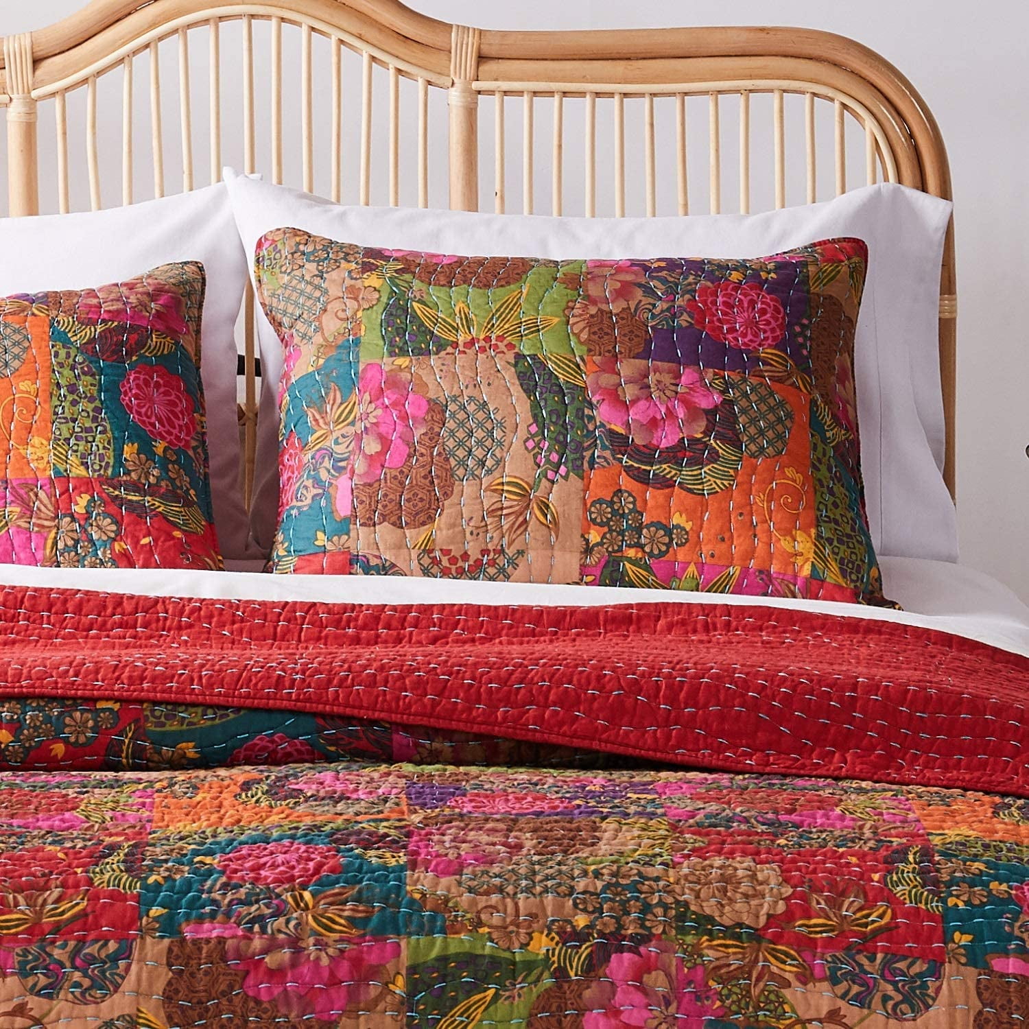 Greenland Home Fashions Jewel Kantha-Stitched Boho Red 100% Cotton Quilt Set, 3-Piece Full/Queen