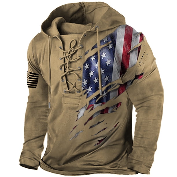 Blusa con capucha de manga larga para hombre, sudadera con capucha, verde, azul, verde claro, marrón, con capucha, estampados gráficos, estampado de bandera, con cordones, para deportes al aire libre,