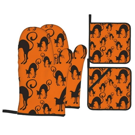 

Oven Mitts and Pot Holders Sets 4 pcs halloween cat funny Non-Slip Oven Gloves Potholders Soft Quilted Lining Heat Resistant Gloves Hot Pads for Kitchen Cooking Baking