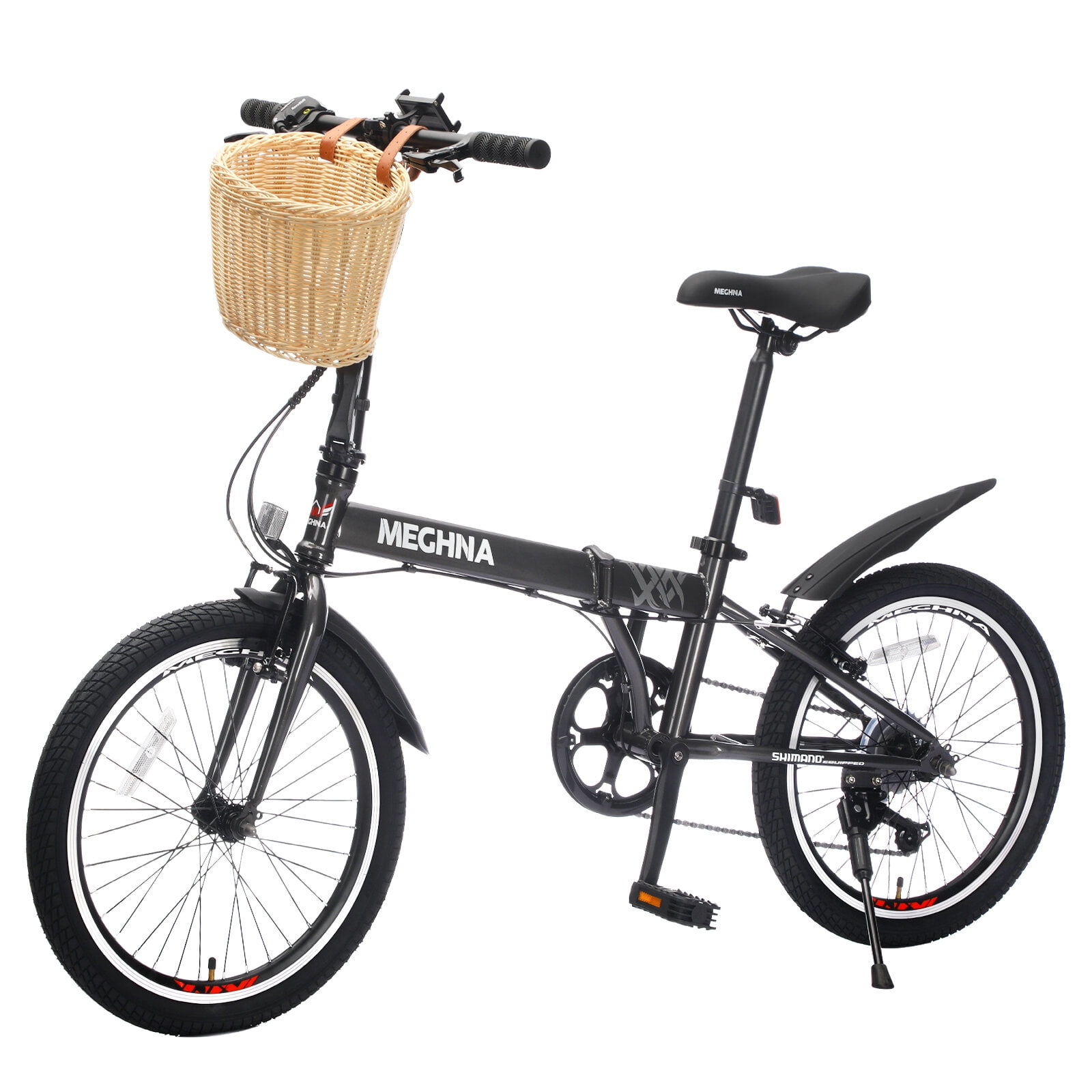 Mountain Bikes 20 Inch Folding Bike for Adults with Basket, Phone Holder & Fenders, Steel Frame 6-Speed City Commuter, Dual V-Brake Portable Compact Bicycle for Men & Women,Road Bikes