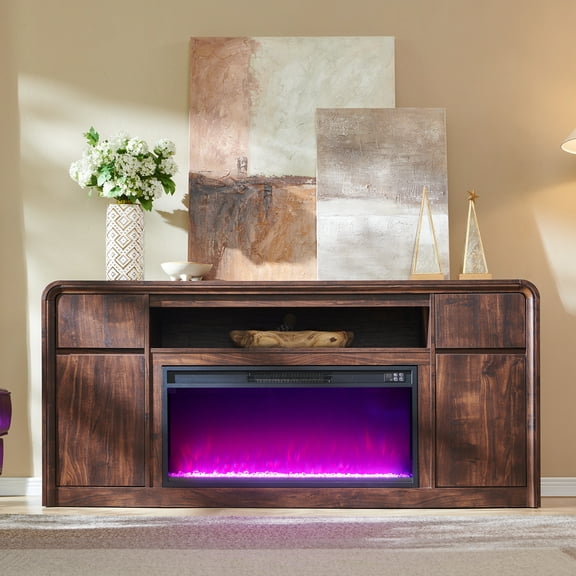 Modern Fireplace TV Stand for 75 inches TV, 36" Electric Fireplace w/ Wood Media Console, 32" Tall Entertainment Center & Adjustable Shelves for Living Room, Curved Profile Design