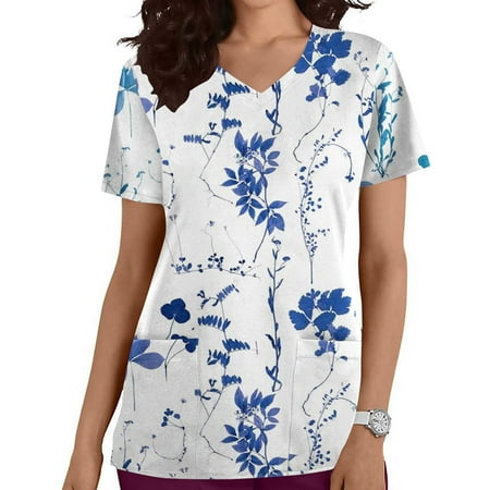 

Christmas on Sales Clearance! Qiaocaity Women Scrub Tops Women s Fashion V-neck Plant Leaf Print Short Sleeve Pocket Coverall Top Dark Blue L