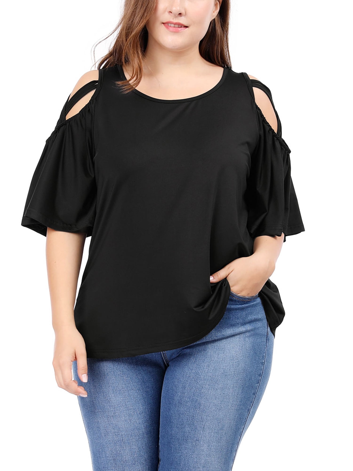 DARING DIVA Women's Plus Cold Shoulder Bell Casual Sleeve Top 3X Black