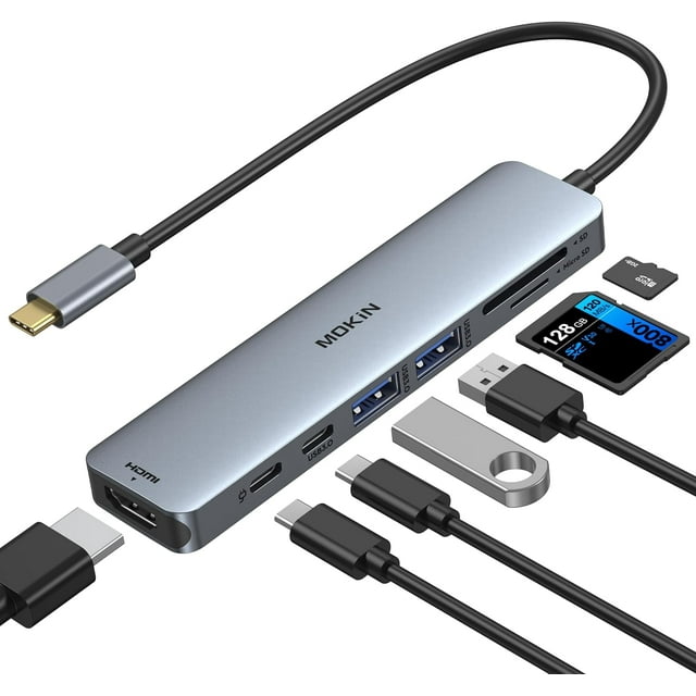 USB C Hub Adapter for Pro/Air, MOKiN 7 in 1 USB C Dongle with , SD/TF Card Reader, USB C Data Port,100W PD, and 2 USB 3.0 Compatible for Pro/Air, XPS, Thinkpad.