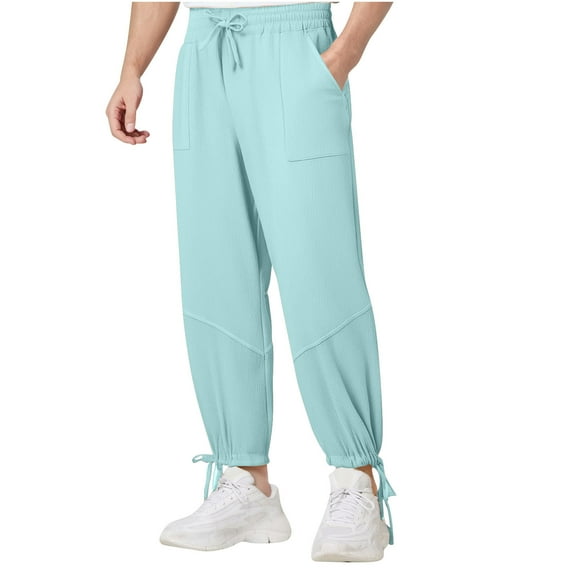 USNSM Wide Leg Pants for Man Baggy Lightweight Solid Color Casual Drawstring Elastic Waisted Harem Pants with Pockets Blue XXL