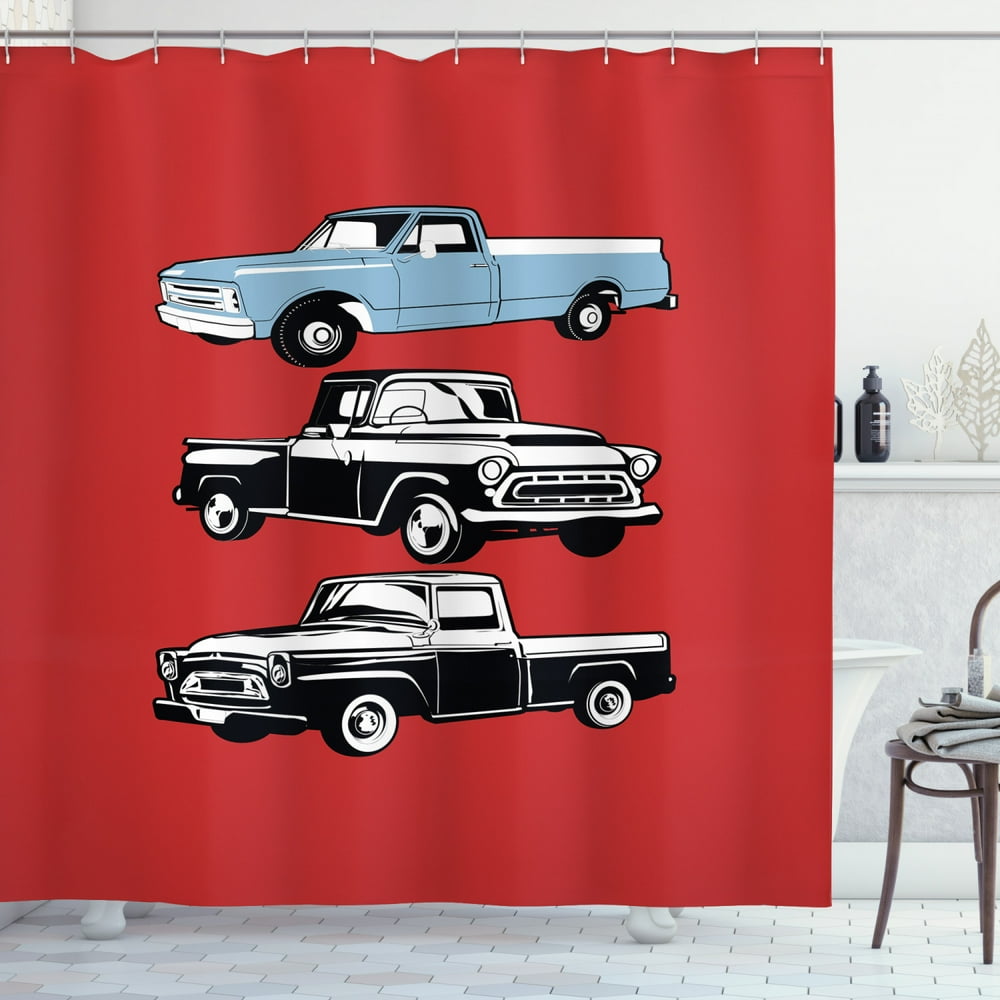 Truck Shower Curtain, Vintage Pickup Vehicle Designs on Abstract Ruby