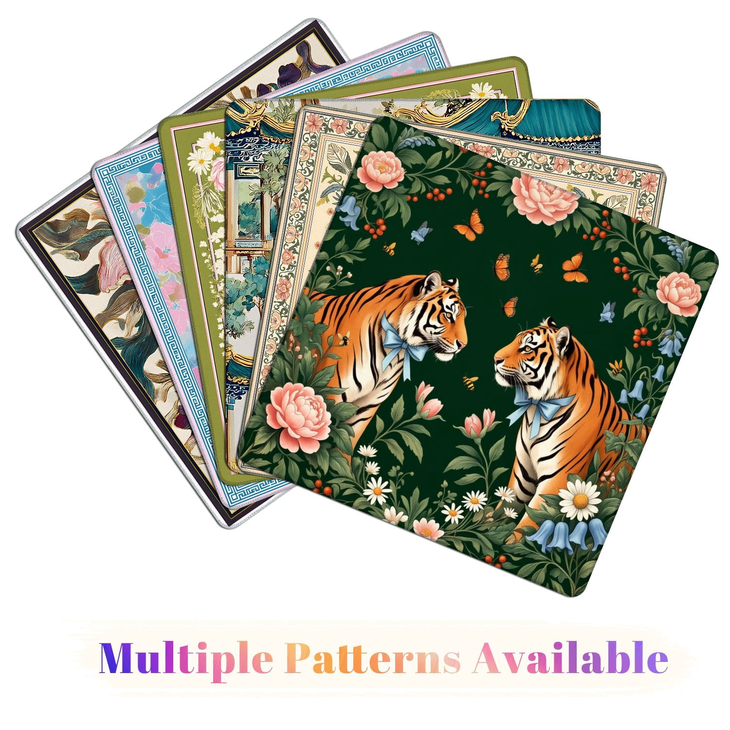 Mahjong Mat 31.5" x 31.5" Pair Tigers Blue Bows Surrounded by Colorful Flowers Butterflies Non-Slip Noise Reduction American Mahjong Tiles Table Cover for Dominoes Poker Card Board Games Gift