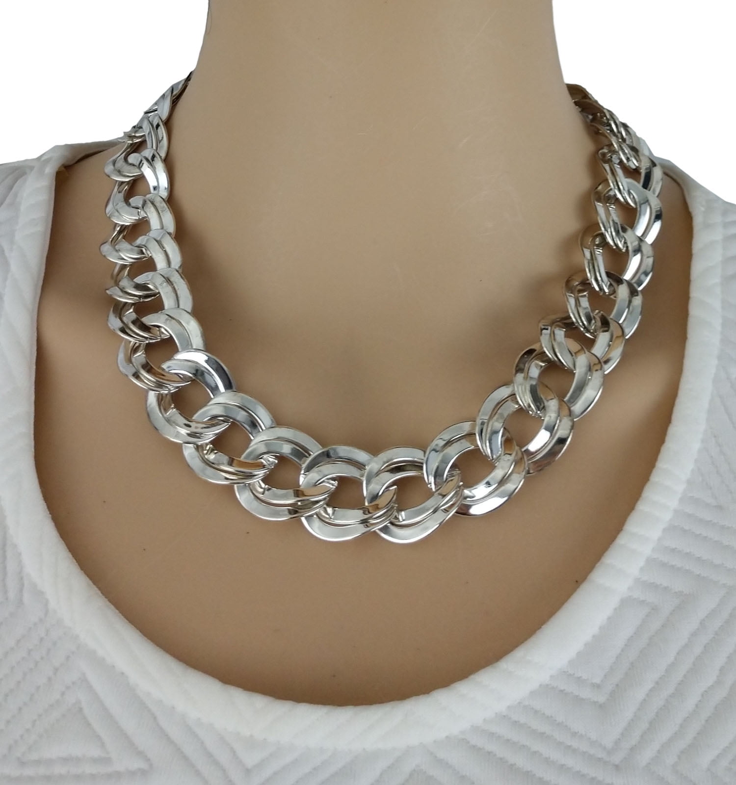 Silver Tone Big Oversized Chunky Chain Necklace Double Link 18 ...