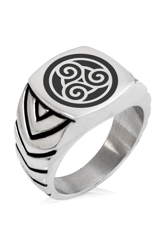 Stainless Steel Celtic Triskele Triskelion Circle Knot Chevron Pattern Biker Style Polished Ring
