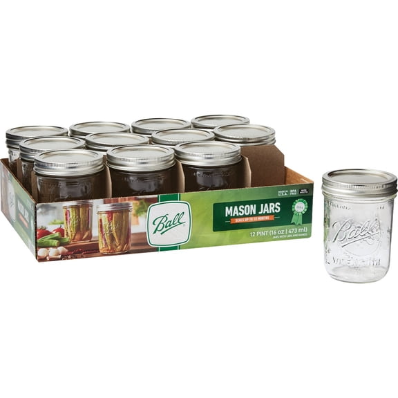 Ball - 16oz Wide Mouth Jars with Lids & Bands 12 Pack Jars, Large Glass Mason Jar for Food Storage with airtight Lid, 0.125 Gallon Glass Jar with Lid and Bands, Set of 12