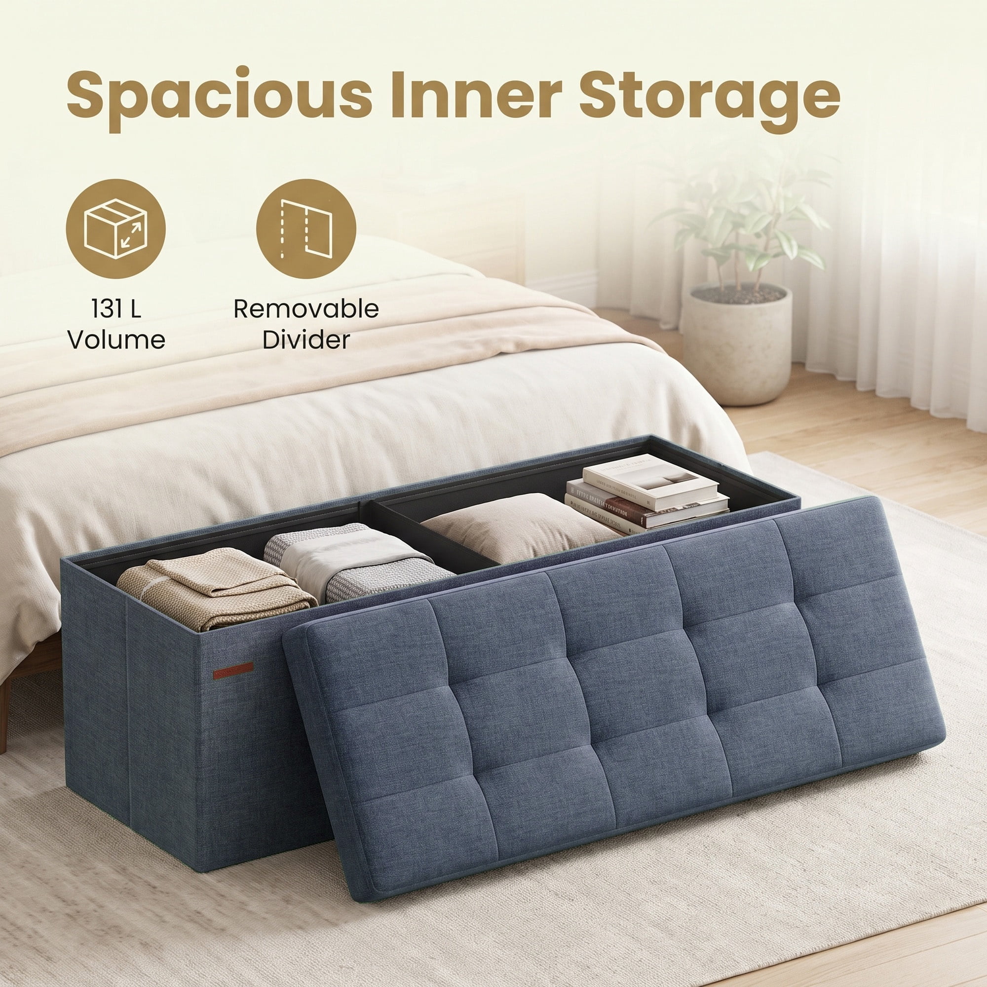 Ledrem Misty Blue Foldable Storage Ottoman Bench with Footrest, 660lb Capacity