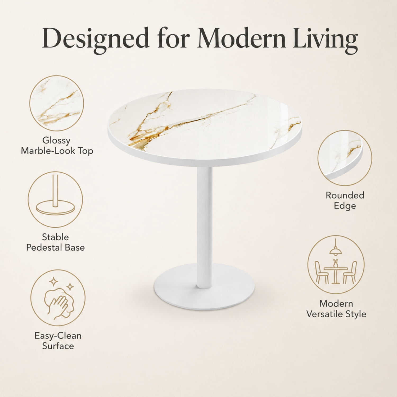 Miniyam 31.5 in. Round Tulip Dining Table for 2-4, Glossy Stone-Look Pedestal Table for Kitchen or Small Spaces, White