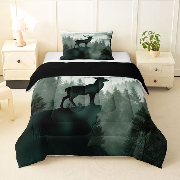 Manfei Woodland Stag Twin Comforter Sets,Foggy Pine Hills Bedding Set,Green,Black Reversible,2-Piece,1 Comforter and 1 Pillowcase