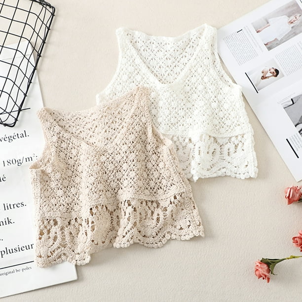 ZPAQI Women Boho Crochet Sleeveless Crop Tank Top V-Neck