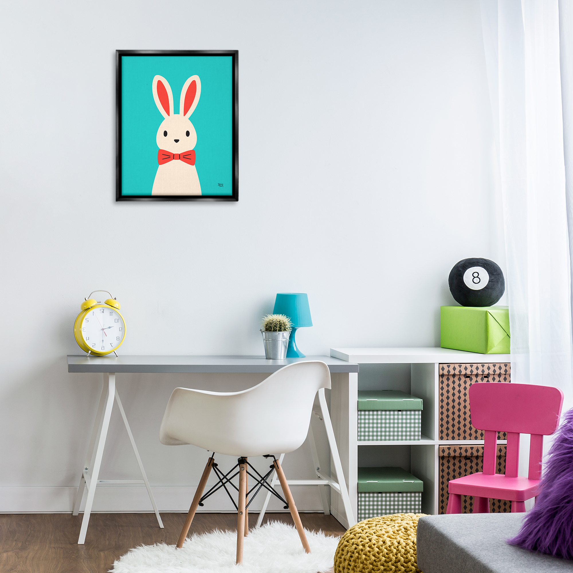 Stupell Industries Rabbit & Bowtie on Turquoise Animals Painting Black Floater Framed Canvas Art Print Wall Art, 17 x 21