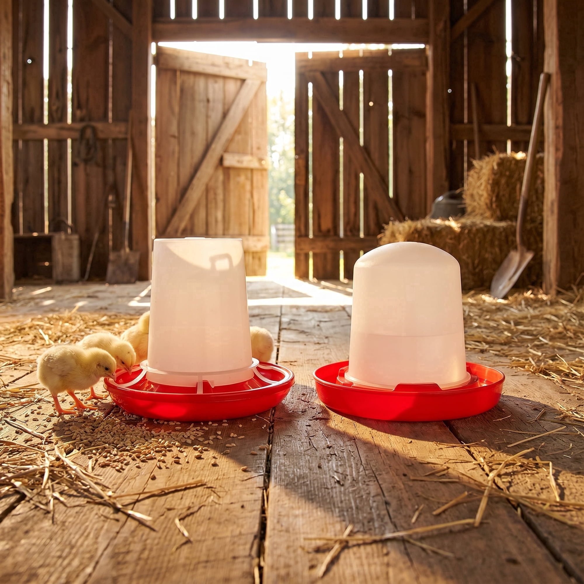 Baby Chick Feeder and Waterer Kit - Automatic Poultry Feeding System for Chickens, Small Livestock & Backyard Flocks with Red Base and Transparent Container