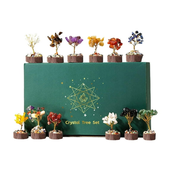 Colorful Crystal Tree Of Life Set With Wood Base, 12 Trees, For Home Office Decor