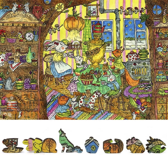 Wooden Jigsaw Puzzles for Adults - Uniquely Shaped Pieces - made in USA by FoxSmartBox - 380 Pieces - Tea Party