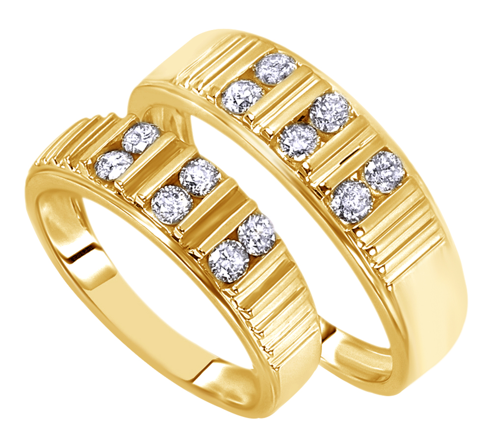 AFFY White Natural Diamond His And Hers Wedding Band Ring Set in 14K Yellow Gold (0.75 Cttw)