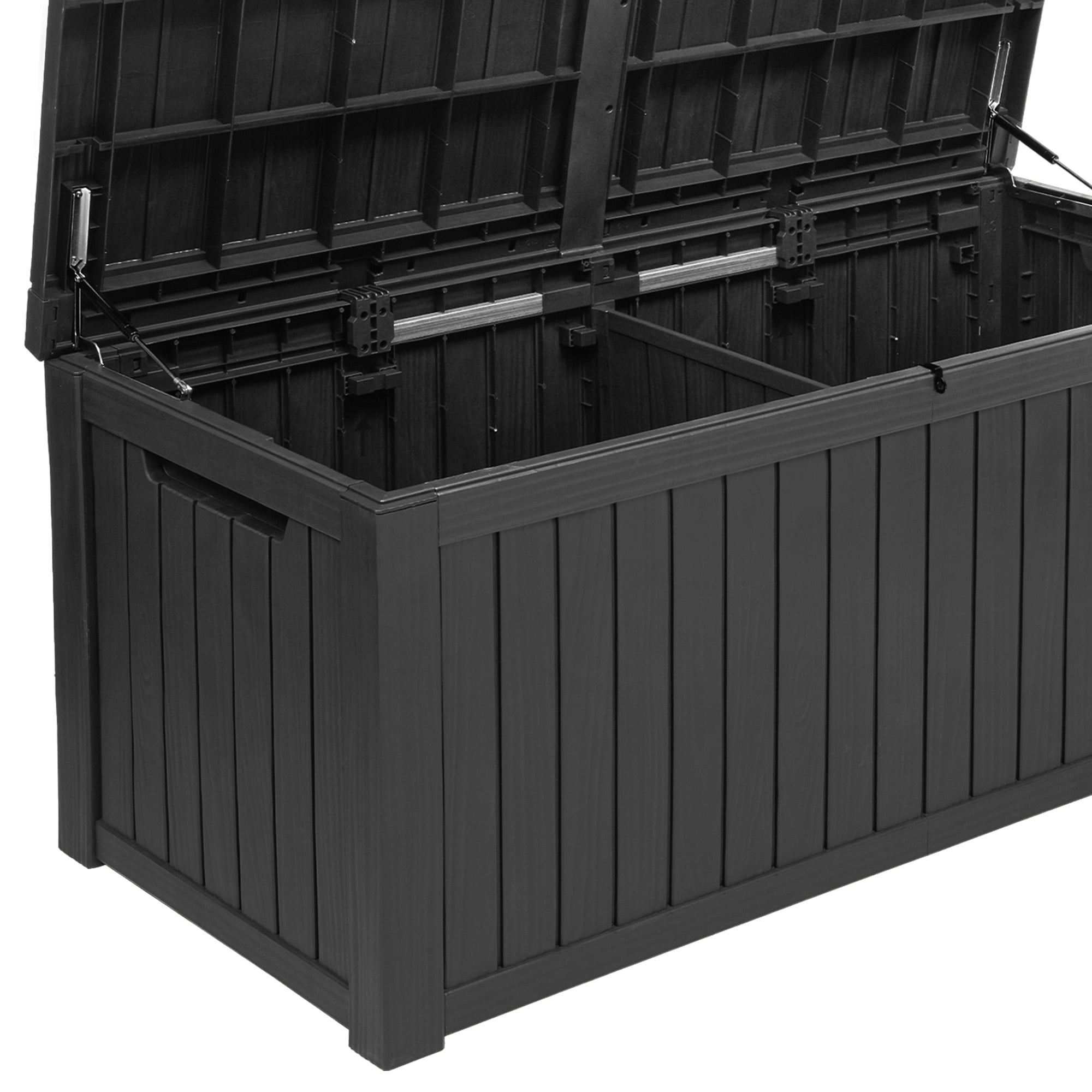 Uforic 150 Gallon Large Outdoor Deck Box, Waterproof Resin Storage with Divider, Lockable, for Patio Cushions Garden Tools Pool Supplies, Dark Black