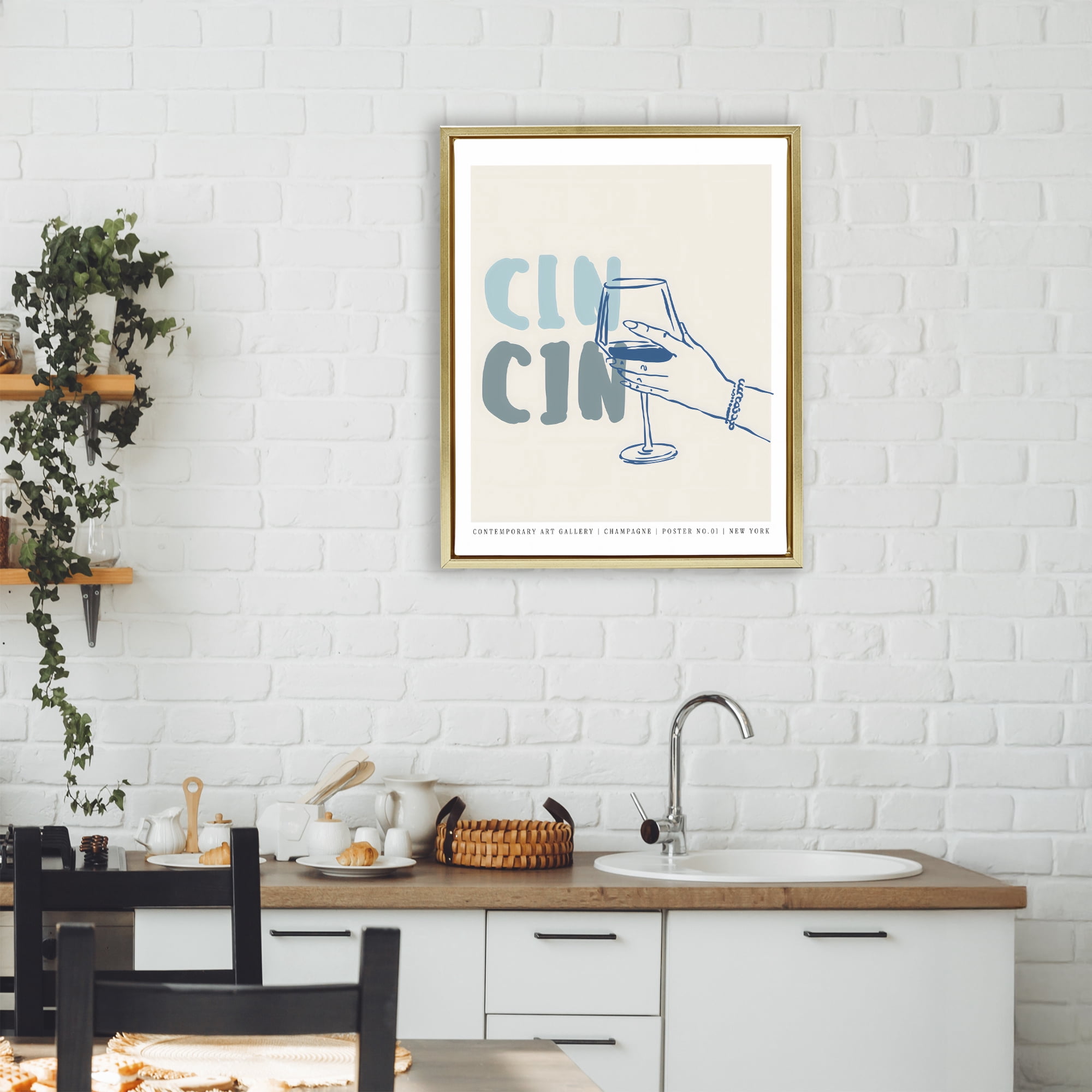 Stupell Industries Cin Cin Blue Champagne Toast Gold Framed Floater Canvas Wall Art, design by The Prints Vibe