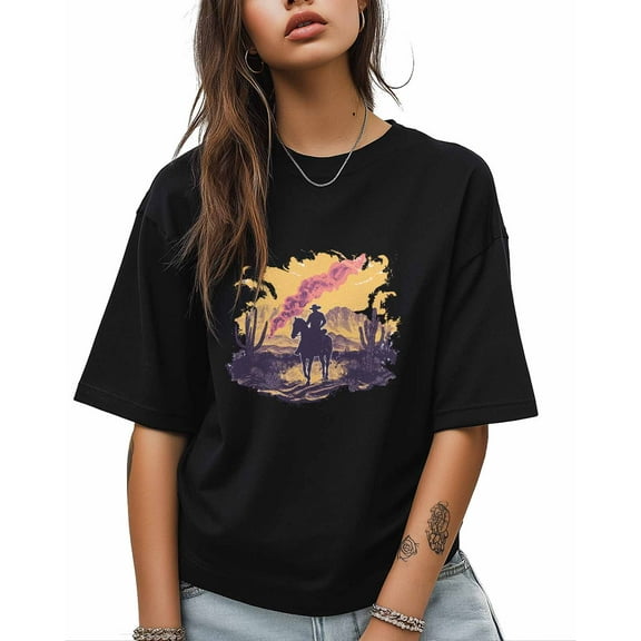 T Shirts for Women Short Sleeve Cotton Crewneck T-Shirt, Cowboy Tee Tops Casual Basic T-Shirts, XS-5XL Black S