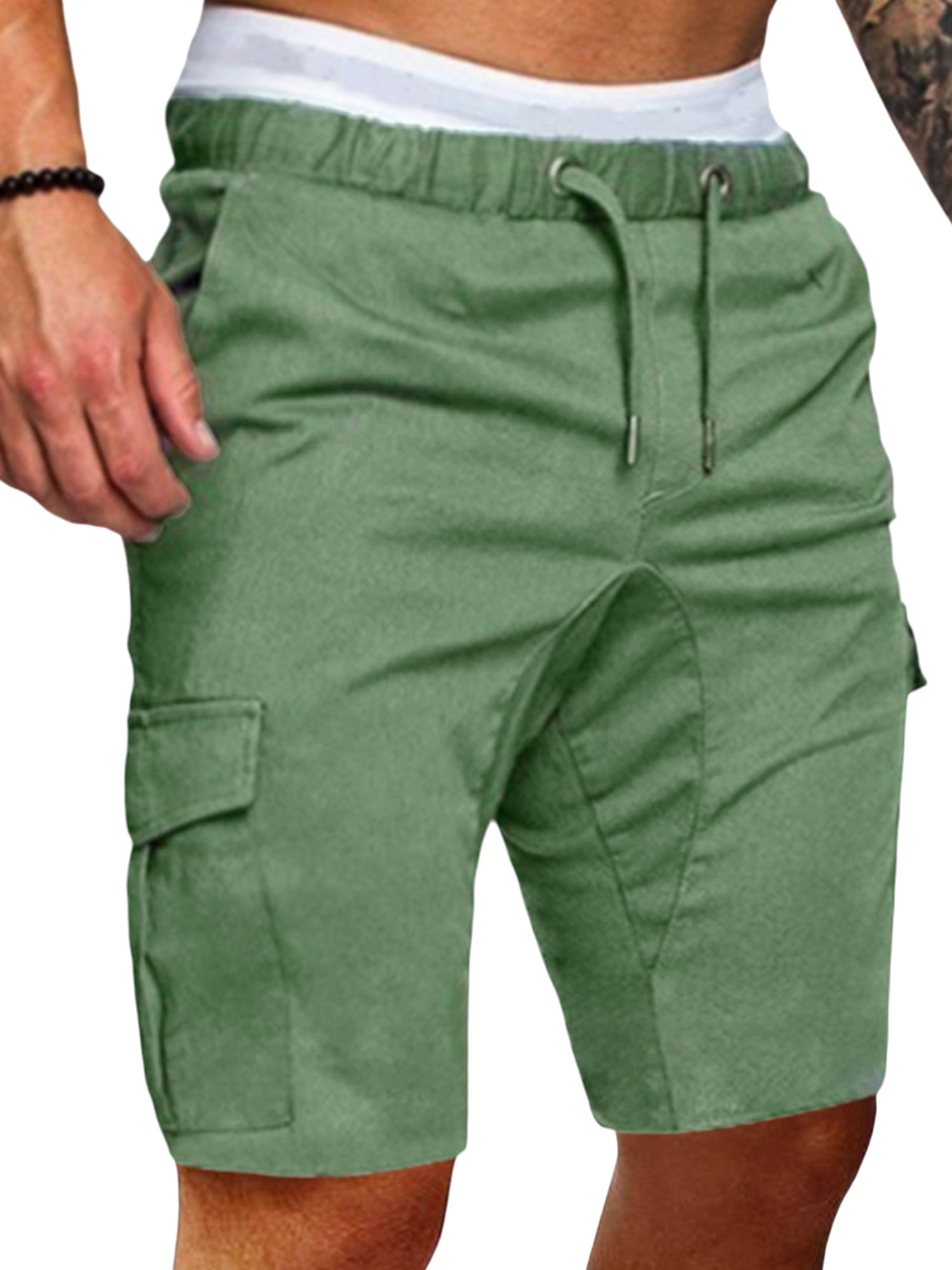wybzd Summer Men Cargo Shorts Elastic Waist Drawstring Solid Shorts