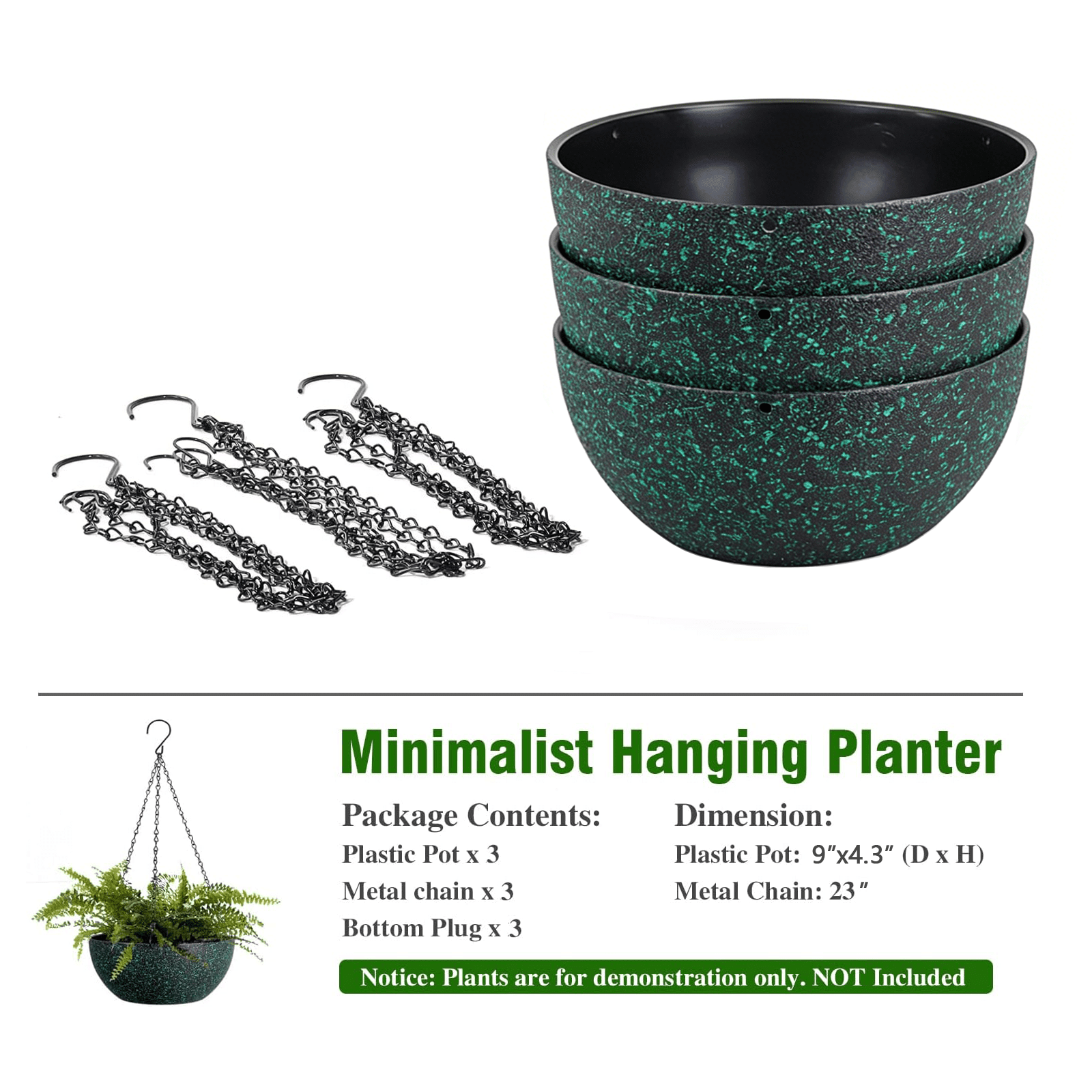 3 Pack Hanging Planters for Indoor Outdoor Plants, LAIJAUR 9 Inch Flower Pots with Drainage Holes and Chains, Plastic Hanging Baskets with S-Hooks for Home and Garden Decor, Dark Green