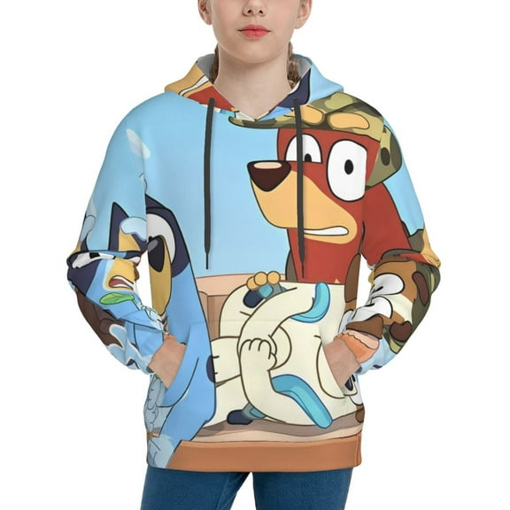 Saiise Unisex Kids Bluey Sweatshirt Boys Girls Hooded Kangaroo Pocket Pullover Hoodies-Small