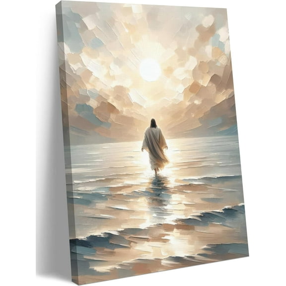 Hieng Jesus Walking on Water Christian Canvas Wall Art, Religious Jesus Painting, Biblical Minimalist Pictures Posters Wall Decor for Church Office Bedroom Living Room, Modern Artwork Gift,