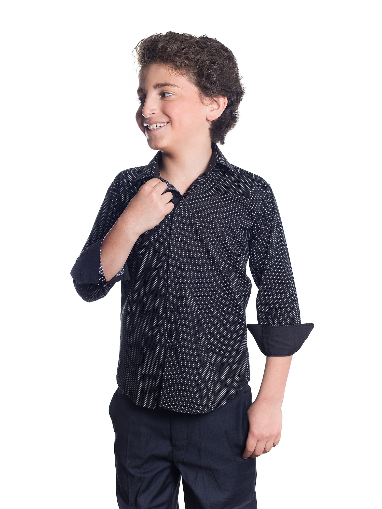 black polka dot button down shirt