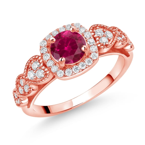 Gem Stone King 18K Rose Gold Plated Silver Red Created Ruby and White Moissanite Engagement Ring for Women (1.38 Cttw, Round 6MM, Gemstone July Birthstone, Size 7)
