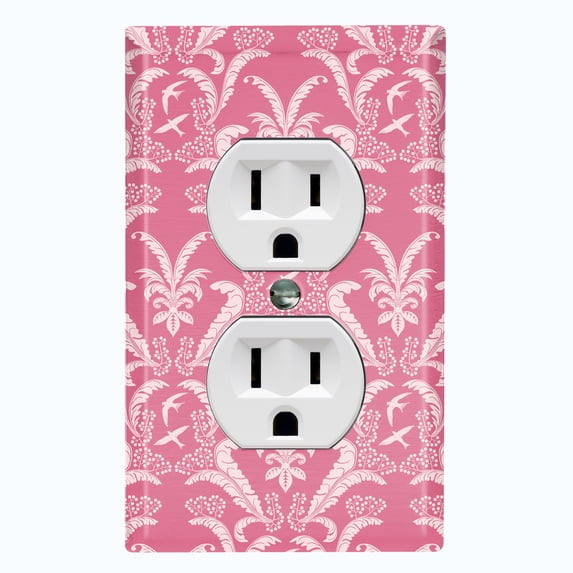 Metal Light Switch Plate Outlet Cover (Victorian Damask Flower Feather Red Pattern - Single Duplex)