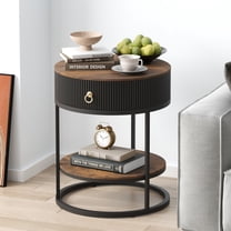 VENTOPYR 2-Tier Metal End Table with Drawer,Wooden Round Nightstand with Shelf