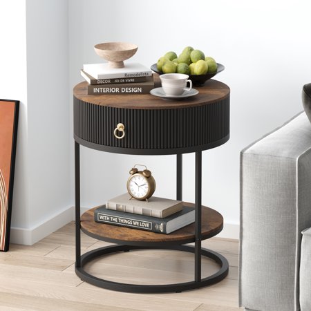 VENTOPYR 2-Tier Metal End Table with Drawer Wooden Round Nightstand with Shelf