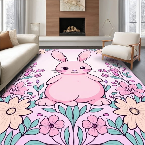 ODIKA 4'x6' Machine Washable Non-Slip Area Rug, Adorable Bunny Wonderland Nursery Playmat Tummy Activity High Traffic Rug, Pink, 721096
