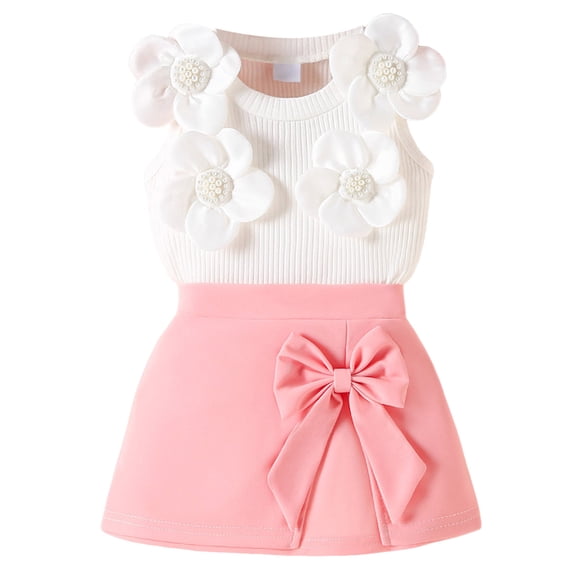 Splozh Skirt Set Spring Girls Bow Dress Sleeveless Skirt Set Elegant 2 Piece Outfits for Toddler Girl Pink,18 Months