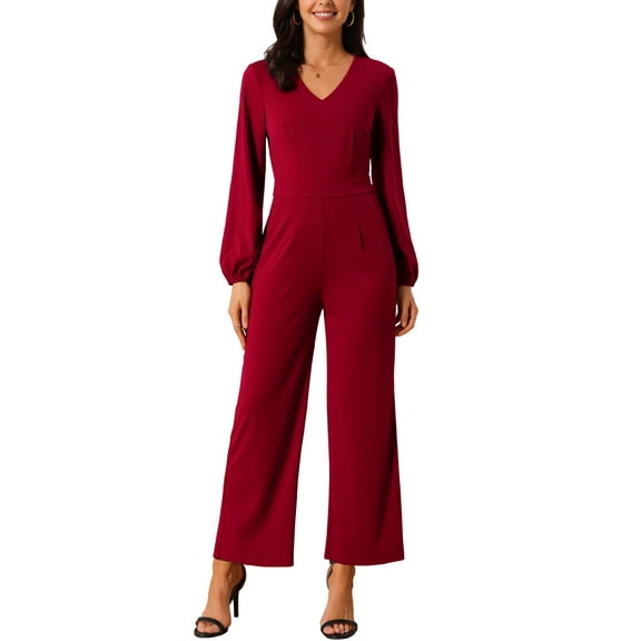 INSPIRE CHIC Women's V Neck Long Sleeve High Waist Wide Leg Casual Jumpsuits with Pockets XL Wine Red