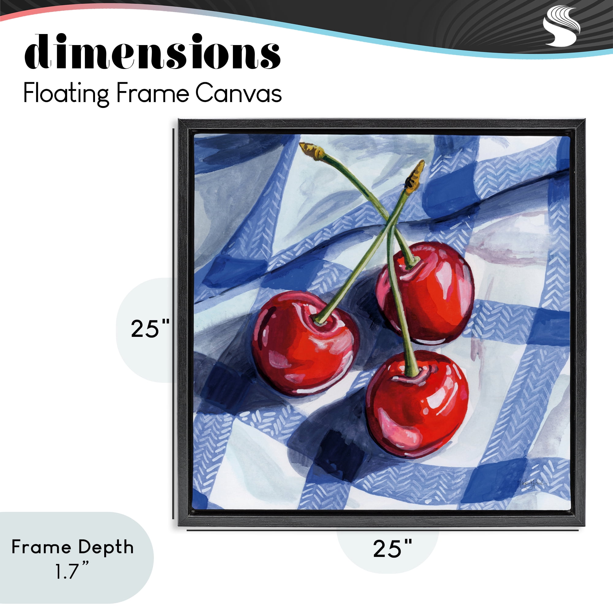 Stupell Industries Three Picnic Cherries on Gingham Black Framed Floater Canvas Wall Art, design by Kate Jarvik Birch