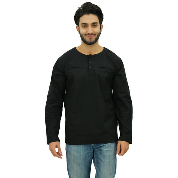 Atasi Men's Round Neck Short Kurta Cotton Roll-Over Sleeves Black Ethnic Shirt-XX-Large