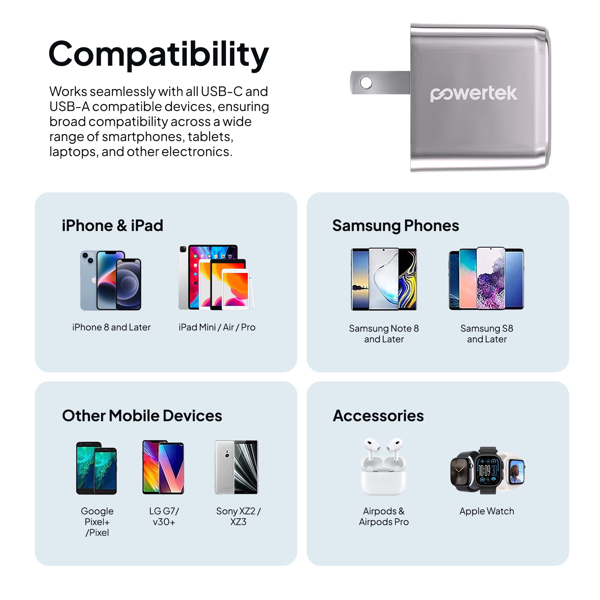 Powertek 20W USB-C PD + 18W USB-A Dual Port Wall Charger, Metallic Shine Pastel, Silver