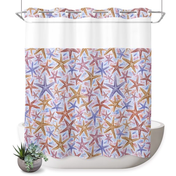 No Hook Shower Curtain, Ocean Starfish Shower Curtains for Bathroom with See Through Top Window, Summer Coastal Marine Life Bohemia Waterproof & Washable Bath Curtain Long 72"x78"