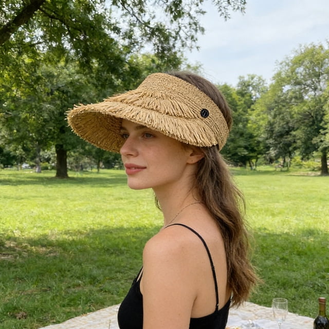 Sombrero de paja para mujer con visera de sol para verano – sombrero de playa de ala ancha, visera de golf plegable enrollable con protección UV, tapa abierta ajustable
