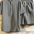 thumbnail image 4 of Virmaxy Mens Trendy Outfits 2-Piece Set Short Sleeve Cotton Linen Suit Plate Button Shorts Casual Solid Color Suit Two Piece Cotton Linen Short Sleeve V Neck Tops and Shorts Set Gray S, 4 of 5