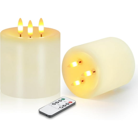 3 Wick Flameless Candles Set of 2, 4"x4" Flickering Large Flameless Candles with Remote & Timer, Dimmable Real Wax Electric Pillar Candles Battery Operated,  LED Candles for Home Wedding Xmas Decor