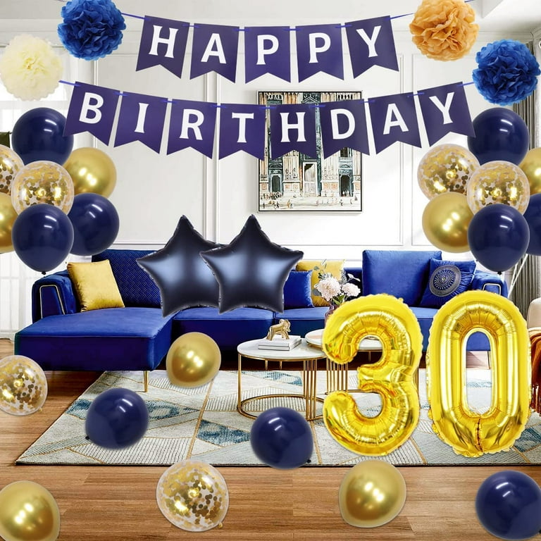 Navy Blue and Gold 30th Birthday Decoration for Men Women with Paper  Pompoms, Number 30 Balloons for Navy Tissue Flowers Birthday Celebration,  Happy Birthday Banner Cake Topper and Gold Fringe Curtain 