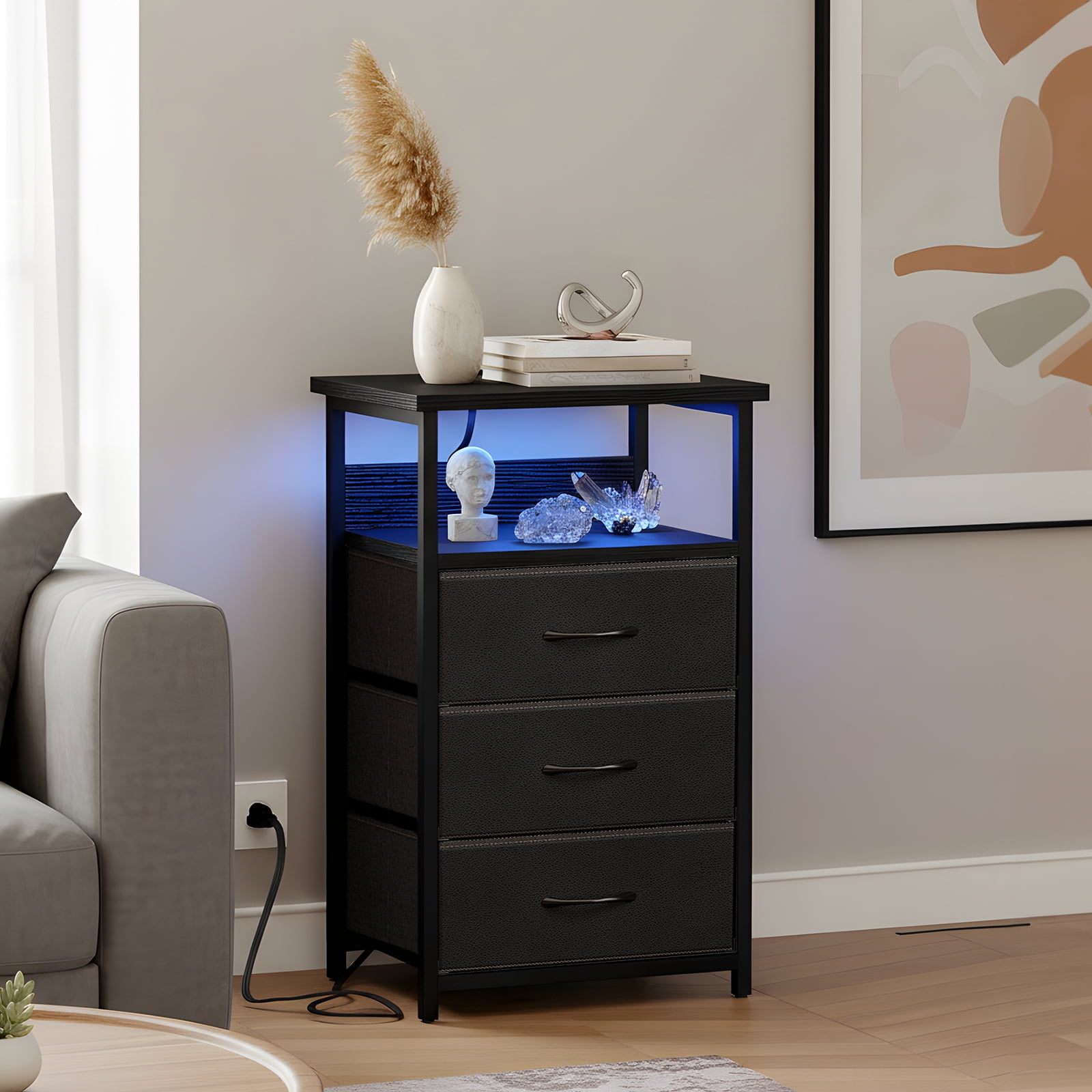 Tomnk Nightstands Set of 2, Bed Side Table with Charging Station, LED Night Stand with 3 Fabric Drawers, Black