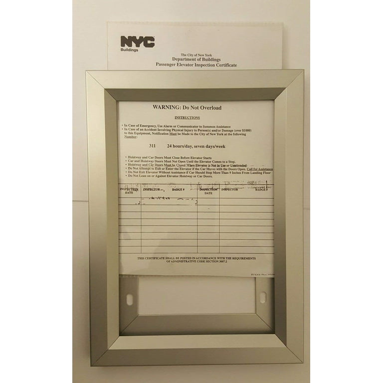 Elevator Inspection Certificate Frame 6" X 9" ( Heavy Duty