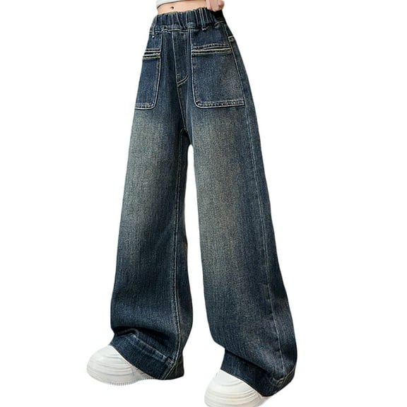 SGMVNU Girls Casual Jeans Baggy Wide Leg Elastic Waist Multiple Pockets Cargo Trousers Denim Pants for Children Relaxed Fit Jeans for Girls(Size 9-10 Years,Blue)