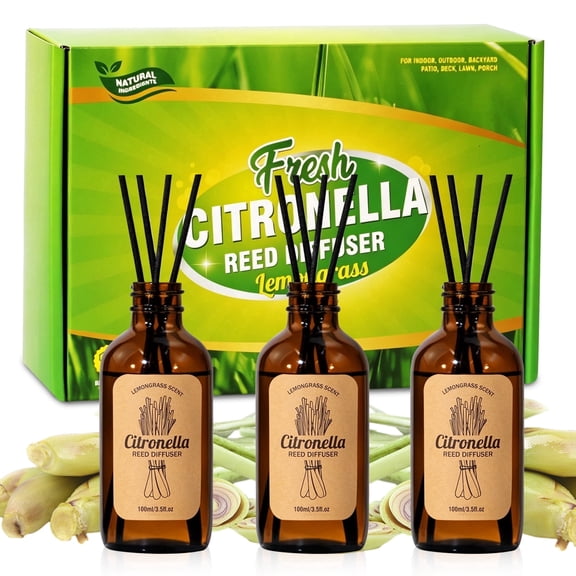SCENTORINI Citronella Scented Reed Diffuser, Fresh Lemongrass Oil Diffuser, Room Air Freshener with Reed Sticks for Home Summer, 3 Pack